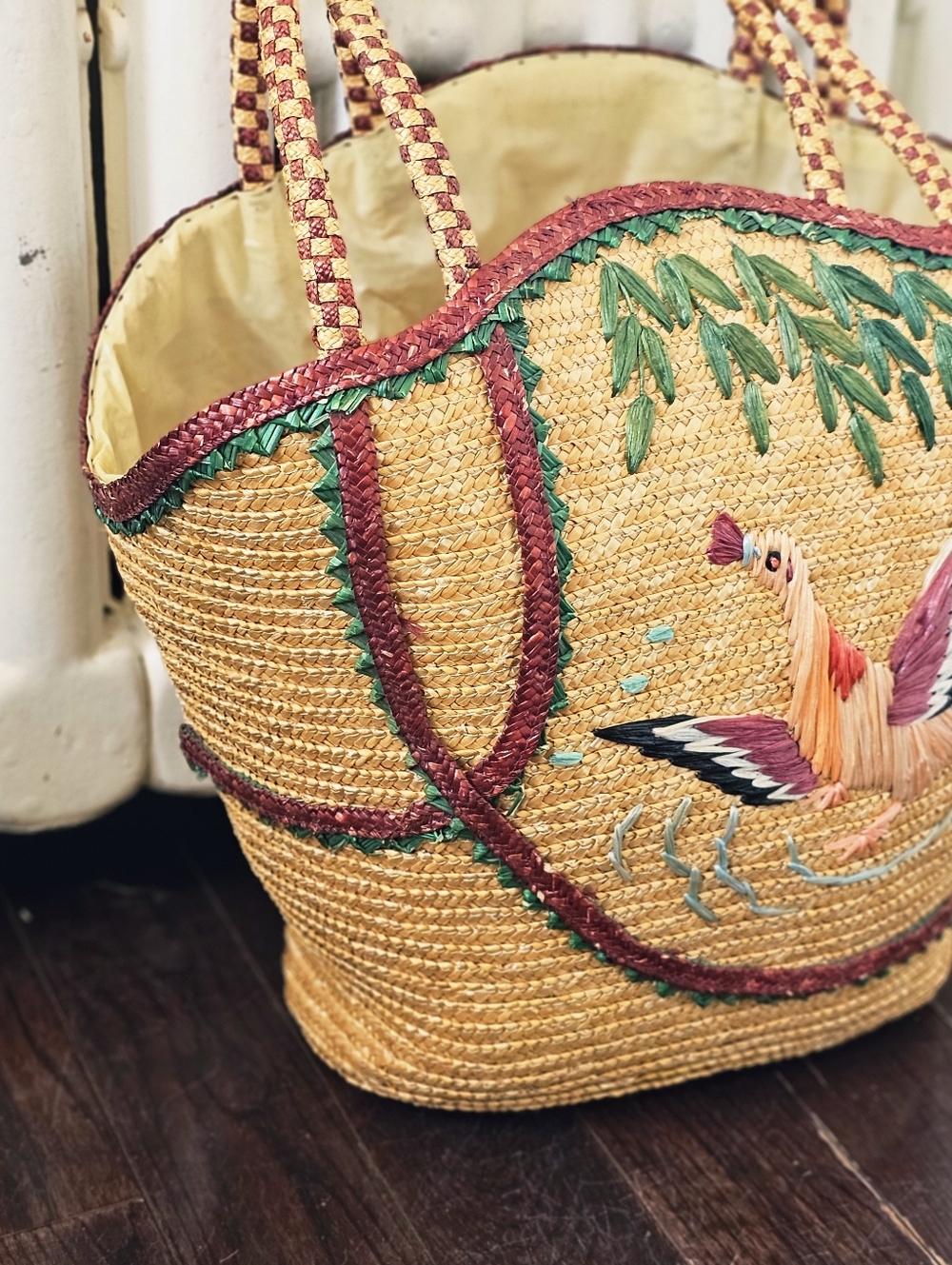 Vintage 1970s Embroidered Straw Tote Bag Beach Bag Bird & Willow Tree - Picture 2 of 14